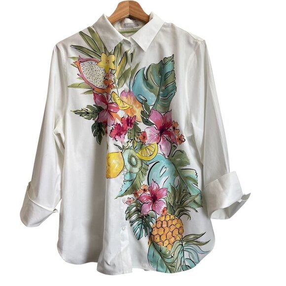 Chicos No Iron Stretch Shirt 12 Fruit Floral Print Button Up Tropical Blouse - Picture 1 of 9